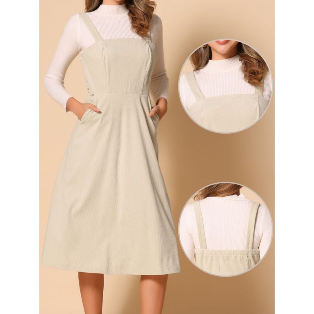 Tank Ribbed Vintage A-Line Sleeveless Casual Midi Dress Beige - Picture 2 of 5
